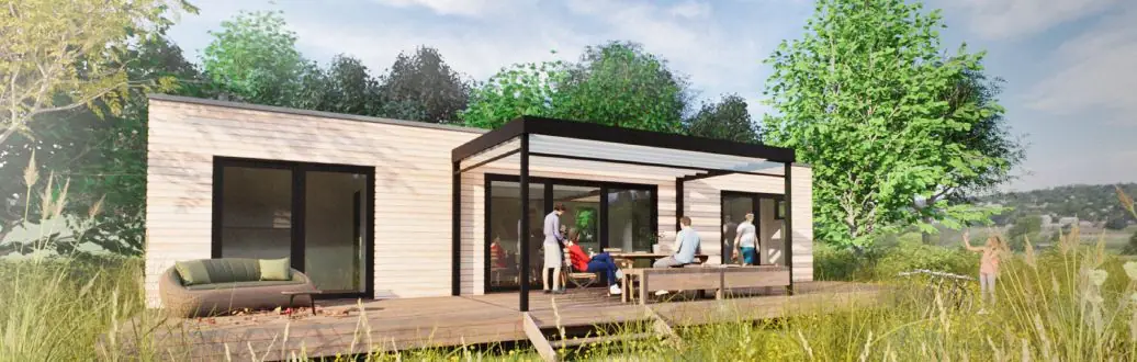 Artist's impression of a Fab Living prefab home with pergola and wraparound deck